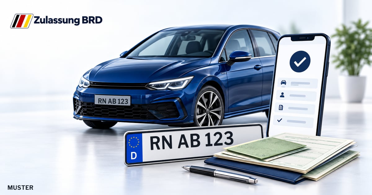 Online Fahrzeugzulassung in Brieselang: Musterkennzeichen RN AB 123, Auto und Fahrzeugpapiere und Smartphone. Illustration mit Logo von Zulassung BRD.